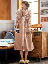 Brown Long Sleeve Pocket Coral Robe Flannel Nightwear