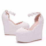 White Lace Wedges Pearl Wedding Shoes