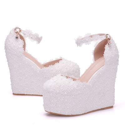 White Lace Wedges Pearl Wedding Shoes