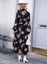 High Collar Printed Chiffon Long Sleeve Dress