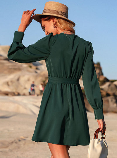 Round Neck Long Sleeve Green Dress