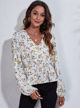 Yellow Floral Print V-neck Lantern Sleeve Top