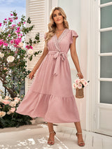 Solid Color Lace V-neck Dress