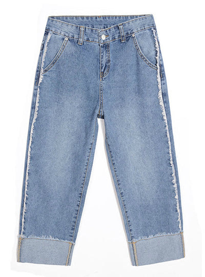 Side Striped Ankle Capris Jeans Wide Leg Pants 