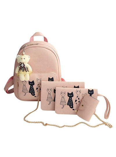 4pcs/Set Backpack Cat Printing Backpack PU Leather
