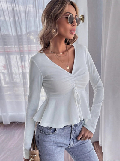 V-neck Pleated Ruffled Long Sleeve T-shirt