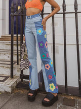 Embroidered Flower Pattern Color Matching Jeans