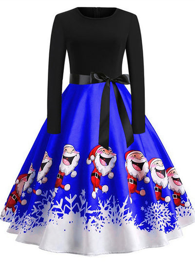 Santa Claus Print Long Sleeve Big Swing Dress