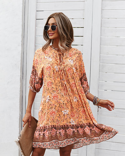 Women Print Short Sleeve Loose Dress