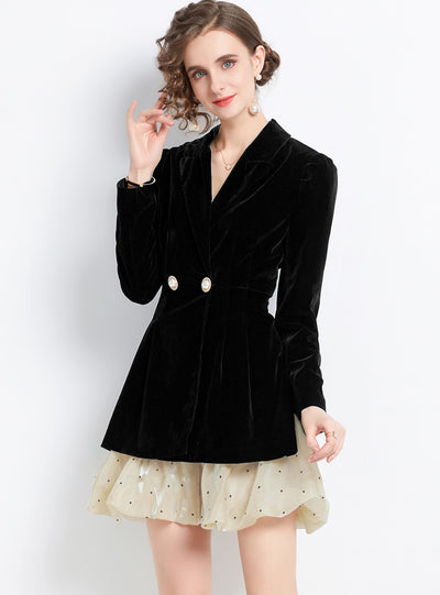 Collar Stitching Long Sleeve Velvet Dress