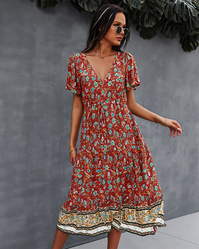 V-neck Short Sleeve Bohemian Printed Dress