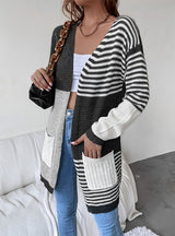 Spliced Striped Contrast Cardigan Pocket Sweater Coat