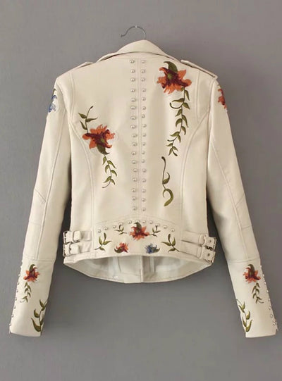 Women Embroidery Faux Leather PU Jacket