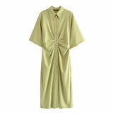 Women Chic Fashion Button-up Draped Midi Shirt Dress