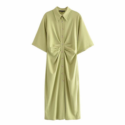 Women Chic Fashion Button-up Draped Midi Shirt Dress