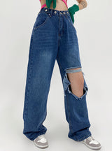 Irregular Hole High Waist Straight Jeans