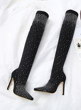 Pointed Rhinestone Stiletto Heel Knee-length Boot
