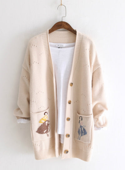 Women V Neck Cardigan Hollow Pocket Girl's Coat