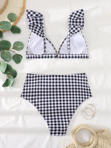 Black and White Dot Printed Flounce Split Swimsuit