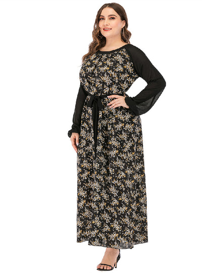 Spliced Round Neck Long Sleeve Print Large Size Dress