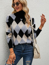 Collar Plaid Color Matching Knitted Loose Sweater