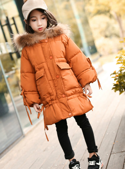 Girls Long Cotton-Padded Jacket With Bow 