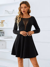 Solid Color Dark V Mesh Backless Dress