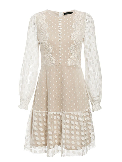 Sexy Mesh Lace Embroidery Long Sleeves Vintage Polka Dot Short Dress