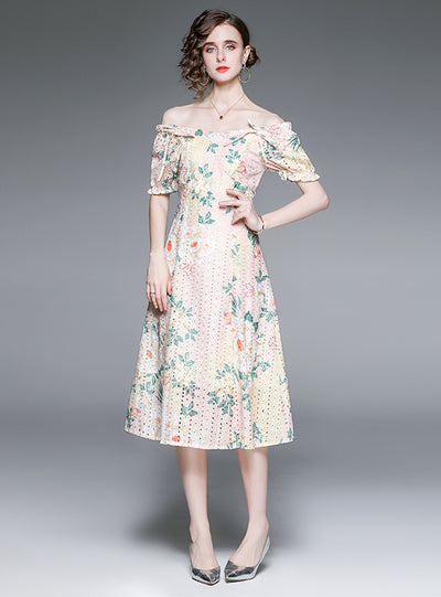 Hollow Lace Embroidered Waist Print Dress