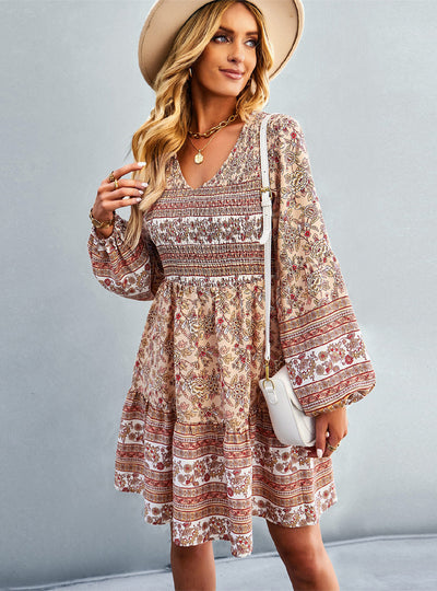 Bohemian Casual Long Sleeve Print Dress