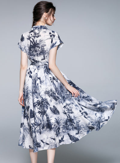 Lapel Short Sleeve Jungle Ink Print Dress