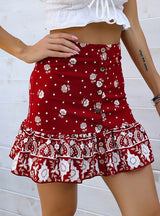 Red Christmas Flounce Print Skirt