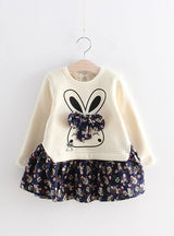 Cute Rabbit and Flowers Printed Girls Long Sleeve Dress 