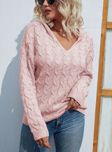 Solid Color V-neck Hooded Retro Twist Sweater