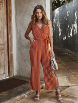 Striped V-neck Sexy Casual Jumpsuits