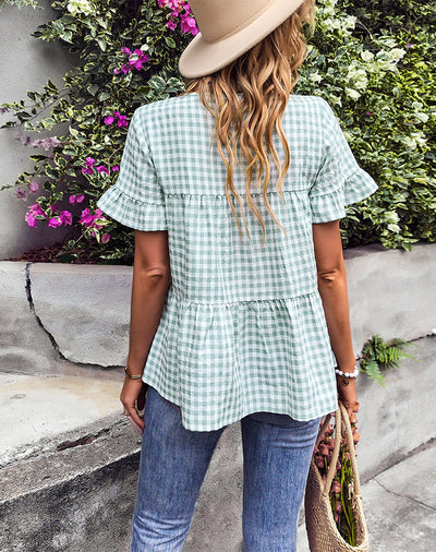 Short-sleeved Plaid Ruffled Blouse