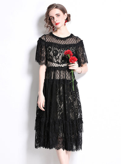 Round Neck Black Lace Short Sleeve Dress