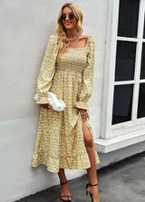 Retro Square Collar Printed Holiday Style Dress