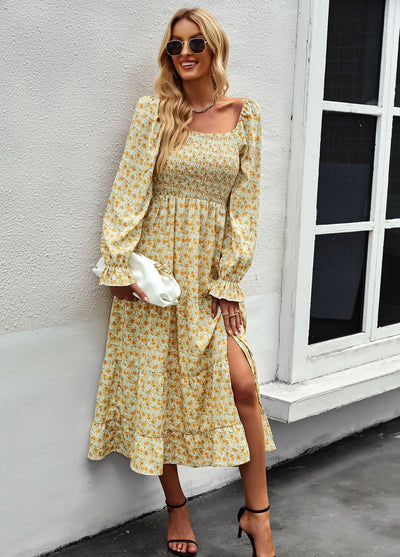 Retro Square Collar Printed Holiday Style Dress