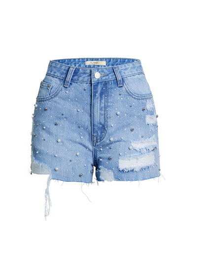 High Waist Pearl Beaded Denim Shorts