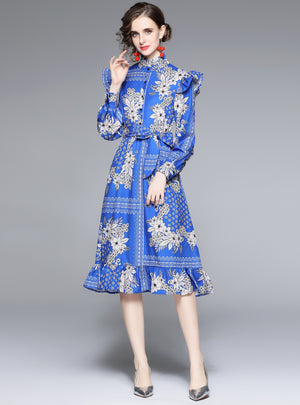 Collar Waist Print Ruffled Dress
