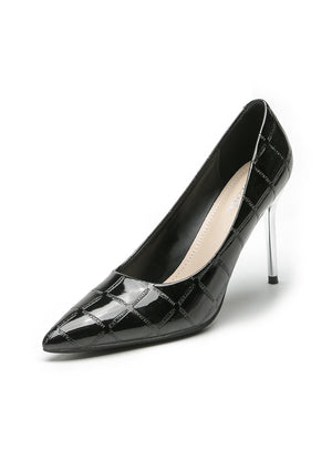 High-heeled Patent Leather Plaid Single Shoes