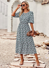 Silm Waist Round Neck Printed Dress