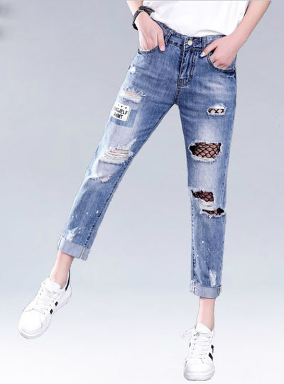 Hollow Out Ripped Jeans Female Black Mesh Jeans 