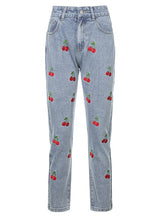 Cherry Embroidered Slim High Waist Jeans