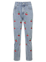 Cherry Embroidered Slim High Waist Jeans