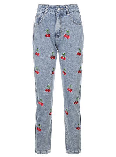 Cherry Embroidered Slim High Waist Jeans