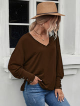 Loose V-neck Solid Color Long Sleeve T-shirt