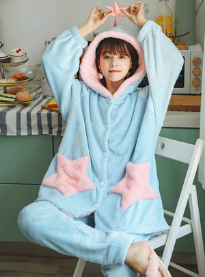 Women Blue Star Long Sleeve Pajamas Suit