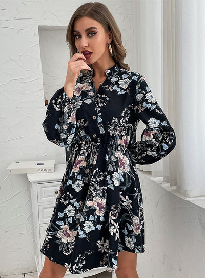V-neck Long Sleeve Printed Dress